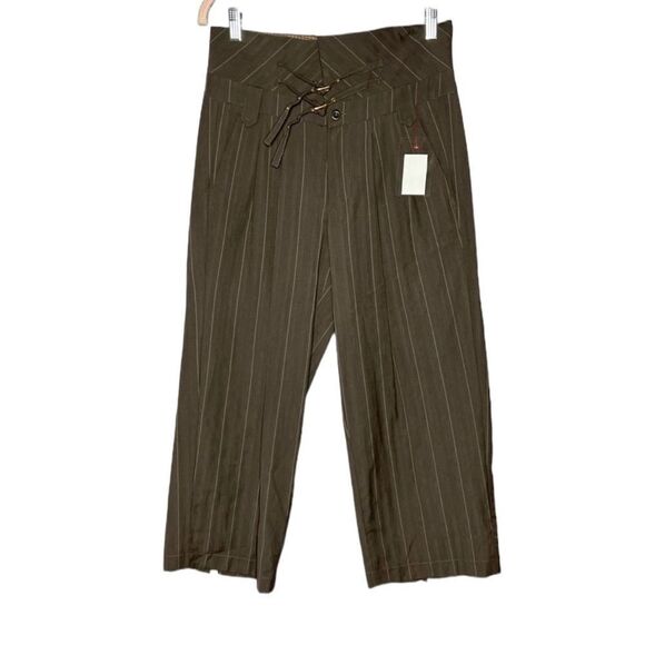 NEW See by Chloe brown striped belted paperbag wide leg cropped pants size 6